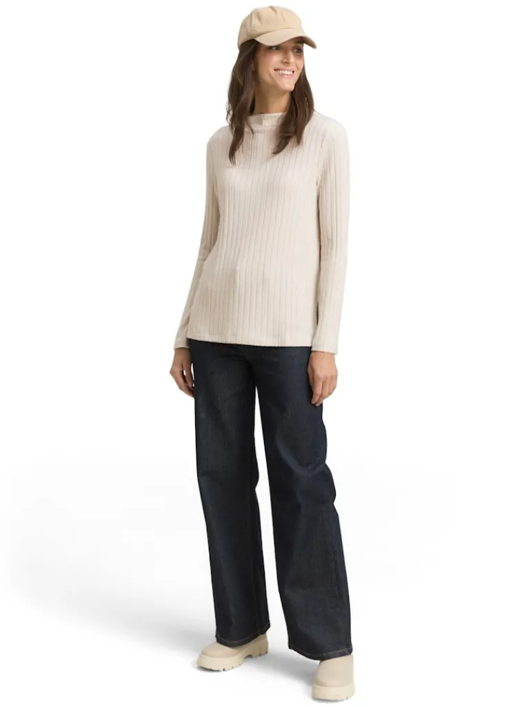 Cosy Langarmshirt mit Stehkragen sand stone beige melange