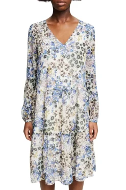 Crêpe-Kleid mit Millefleurs light beige