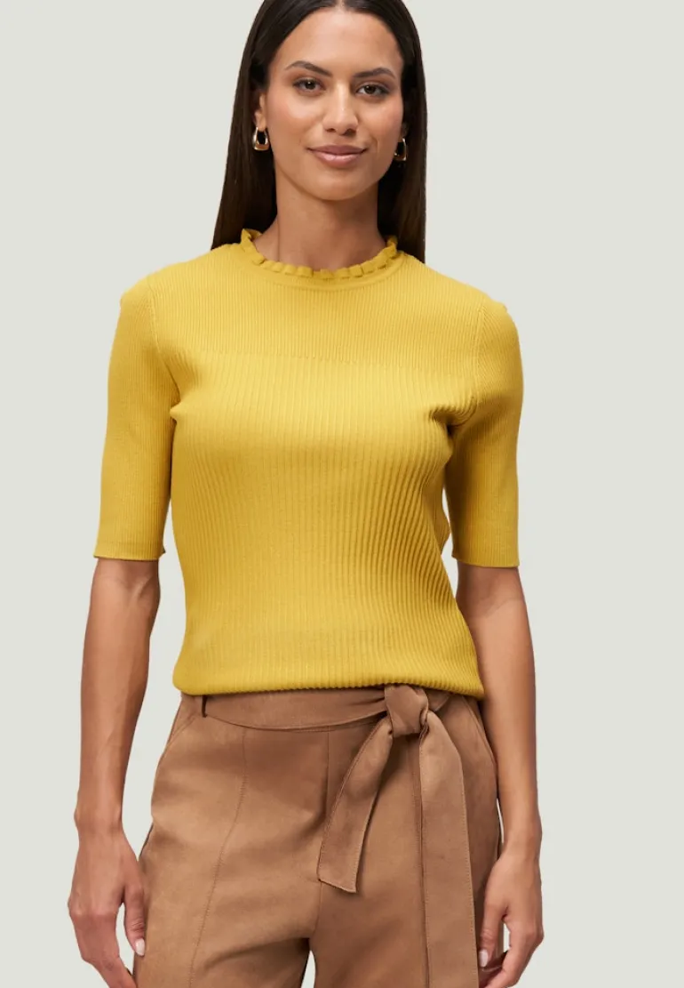Feinstrickpullover kurzarm mit Rüschenkante oil yellow