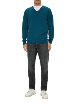 Feinstrickpullover mit V-Ausschnitt petrol