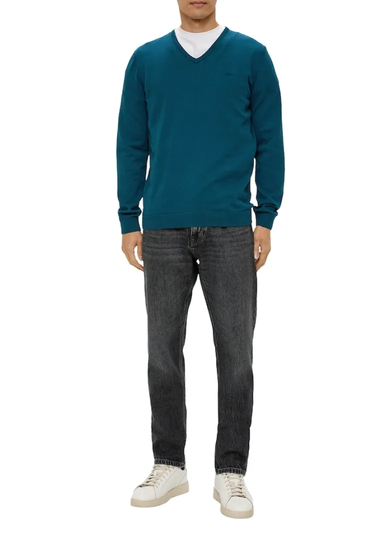 Feinstrickpullover mit V-Ausschnitt petrol