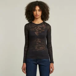 Fine lace aop slim r t wmn ls dk black lace wave