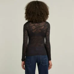 Fine lace aop slim r t wmn ls dk black lace wave