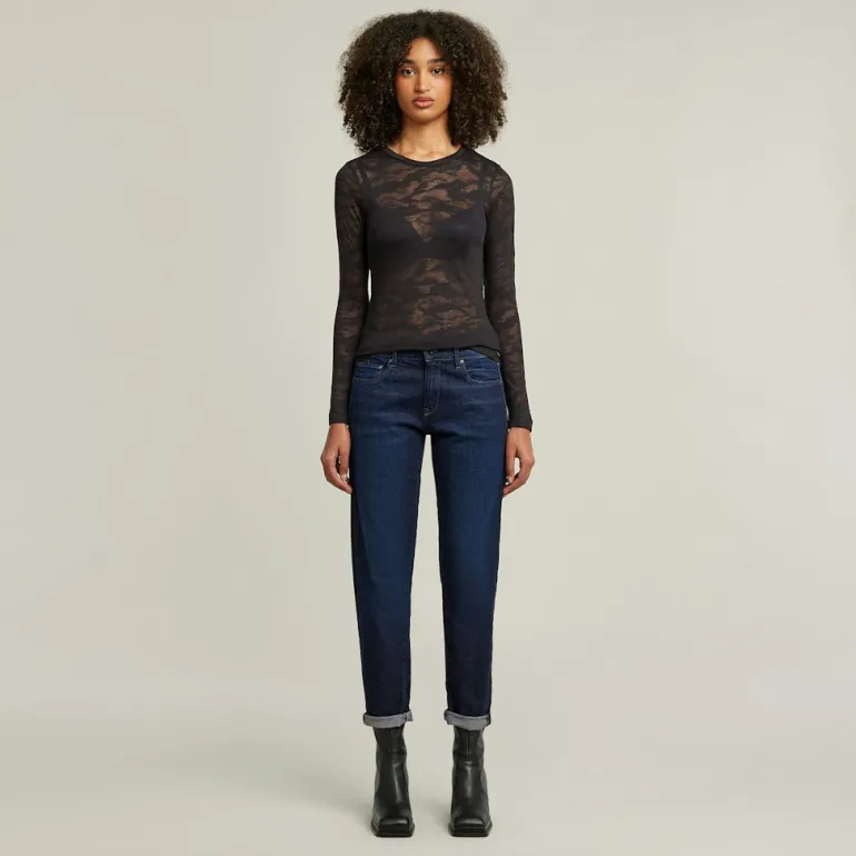 Fine lace aop slim r t wmn ls dk black lace wave