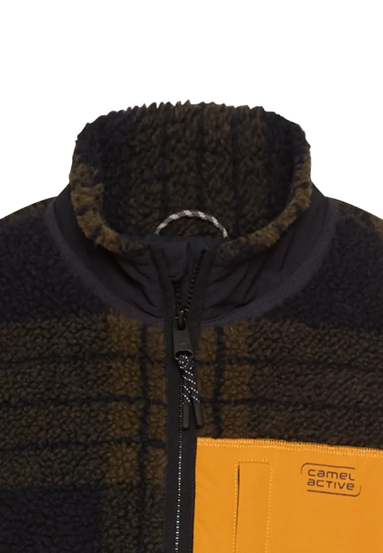 Fleecejacke mit verstellbarem Kordelzug und Kontrasttasche dark brown