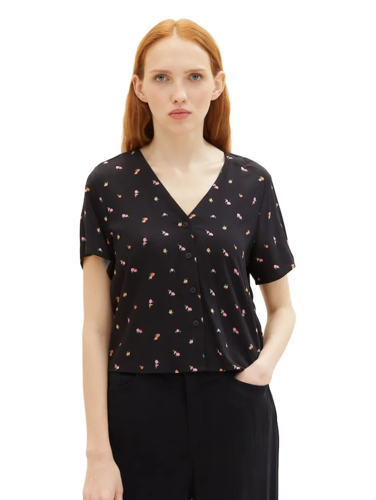 Gemusterte Kurzarm-Bluse small black flower print