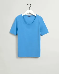 Geripptes T-Shirt mit halblangem Arm silver lake blue