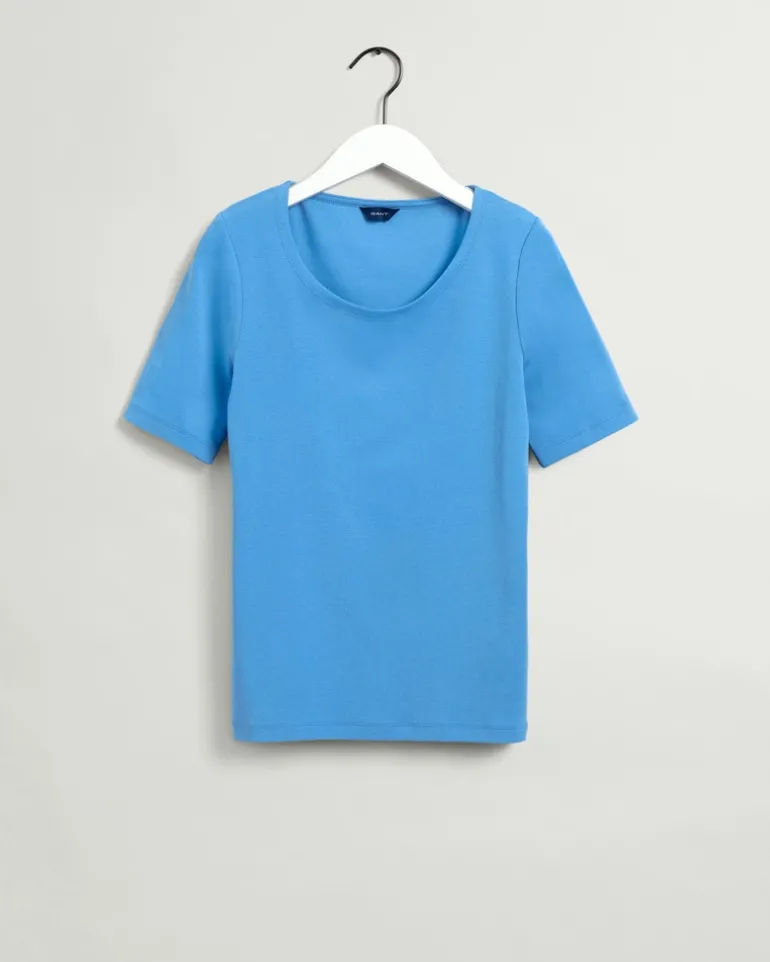 Geripptes T-Shirt mit halblangem Arm silver lake blue