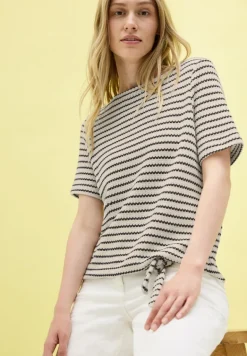 Gestreiftes Ajour T-Shirt light beige