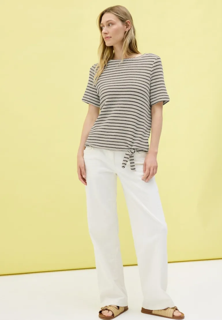 Gestreiftes Ajour T-Shirt light beige