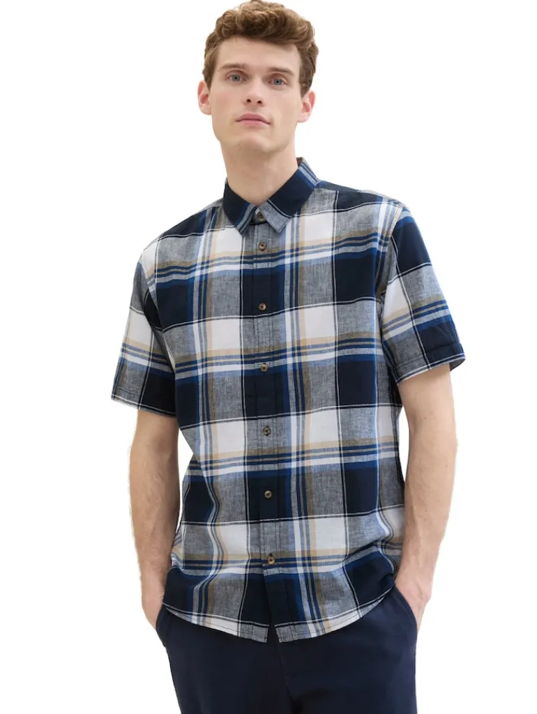 Hemd mit Leinen navy linen check
