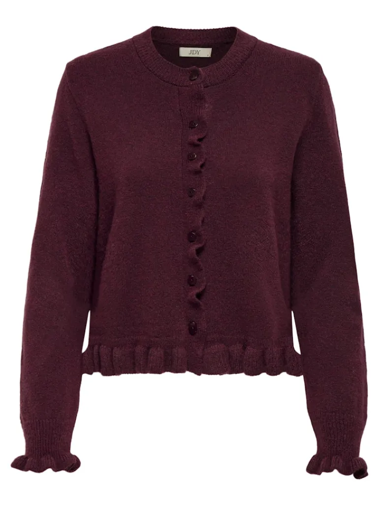 JDYLETTY L/S ON FRILL CARDIGAN KNT NOOS maroon banner