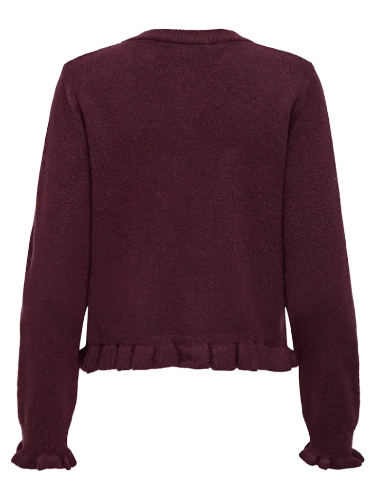 JDYLETTY L/S ON FRILL CARDIGAN KNT NOOS maroon banner
