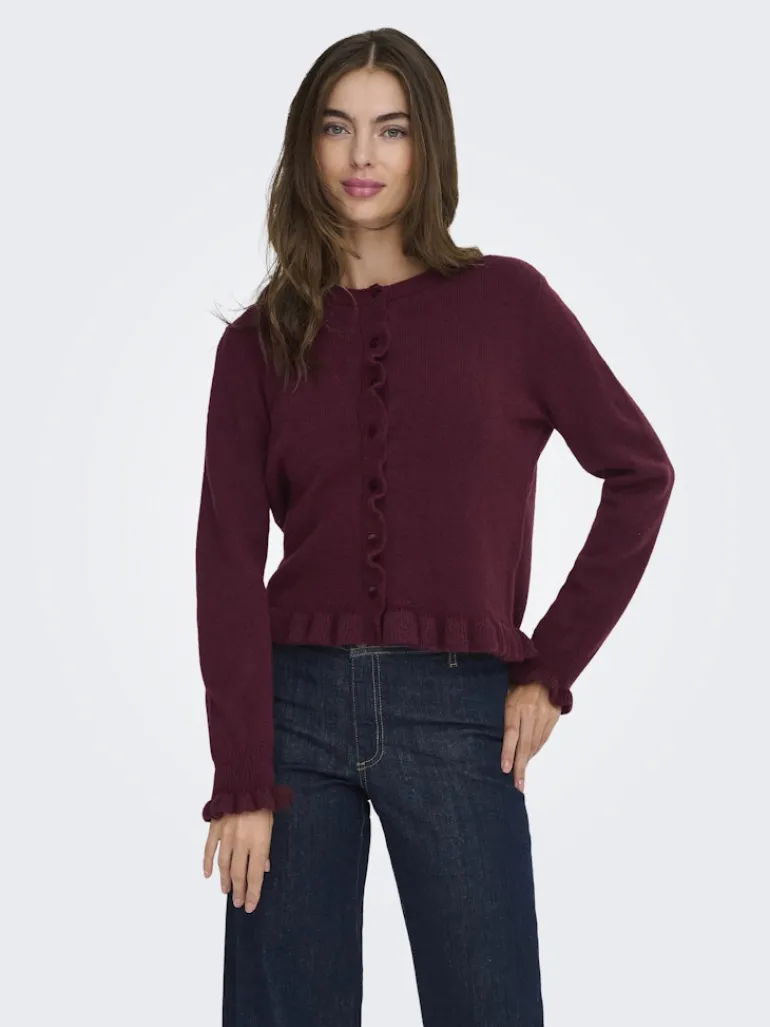 JDYLETTY L/S ON FRILL CARDIGAN KNT NOOS maroon banner