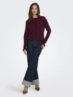 JDYLETTY L/S ON FRILL CARDIGAN KNT NOOS maroon banner