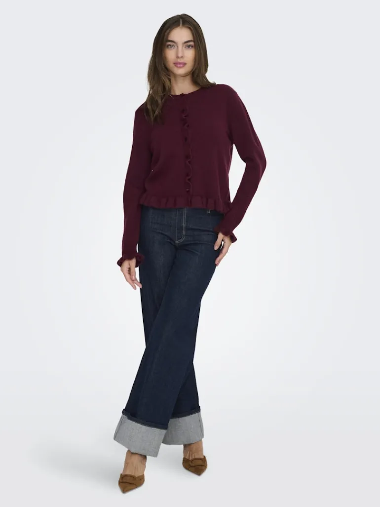 JDYLETTY L/S ON FRILL CARDIGAN KNT NOOS maroon banner
