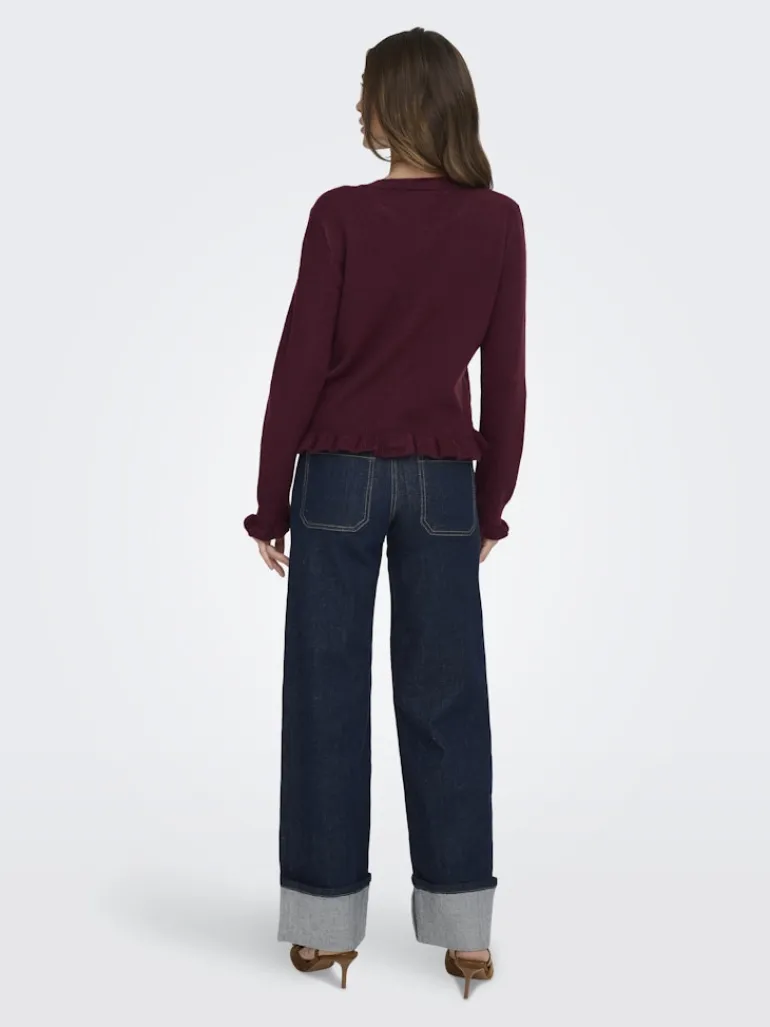 JDYLETTY L/S ON FRILL CARDIGAN KNT NOOS maroon banner