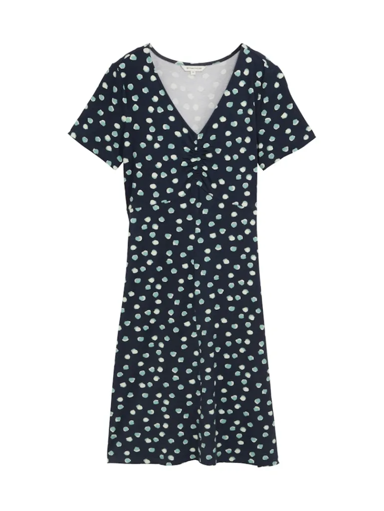 Kleid mit Raffungen navy green dots