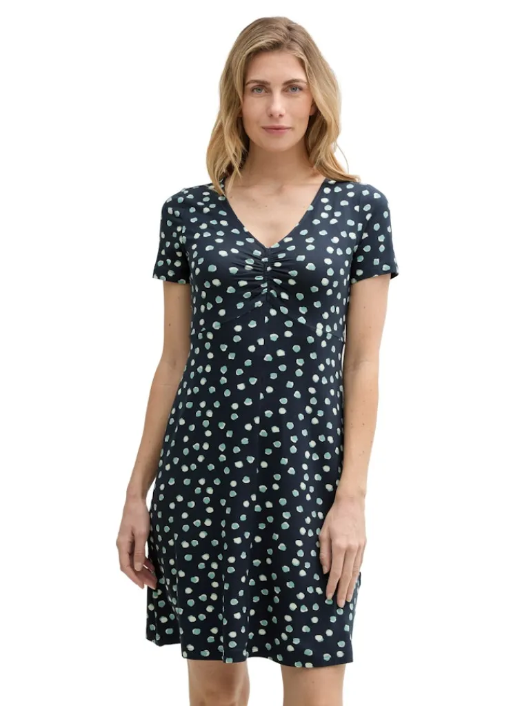 Kleid mit Raffungen navy green dots