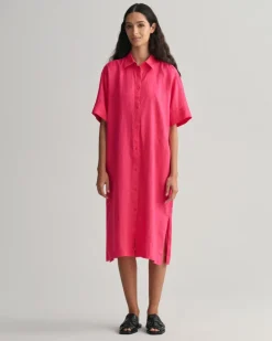 Kurzarm Hemdblusenkleid aus Leinen magenta pink