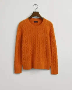 Lambswool Rundhalspullover mit Zopfmuster golden orange
