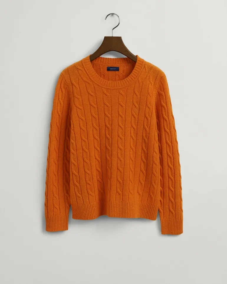 Lambswool Rundhalspullover mit Zopfmuster golden orange