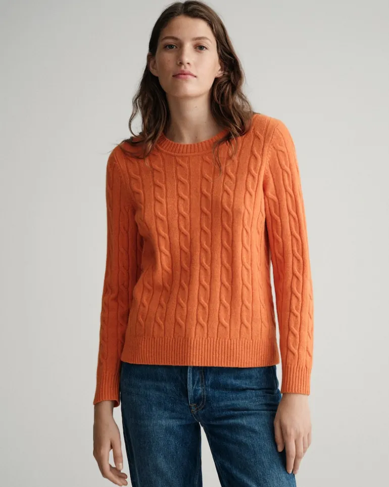 Lambswool Rundhalspullover mit Zopfmuster golden orange