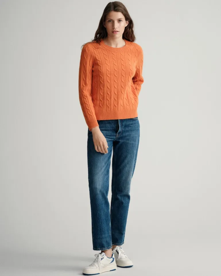Lambswool Rundhalspullover mit Zopfmuster golden orange