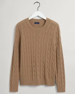 Lambswool Rundhalspullover mit Zopfmuster warm khaki