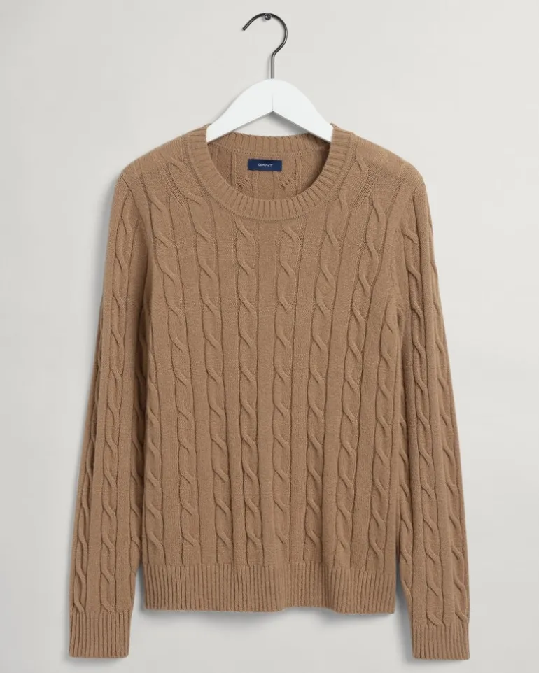 Lambswool Rundhalspullover mit Zopfmuster warm khaki