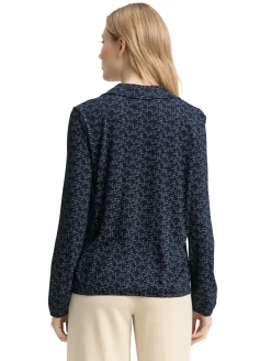 Langarmshirt mit Polokragen small blue wave print
