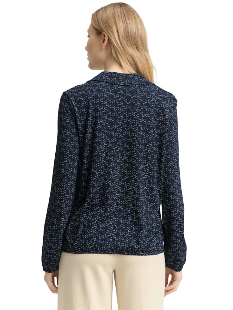 Langarmshirt mit Polokragen small blue wave print