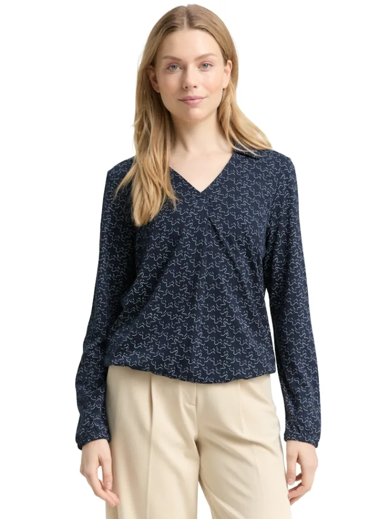 Langarmshirt mit Polokragen small blue wave print