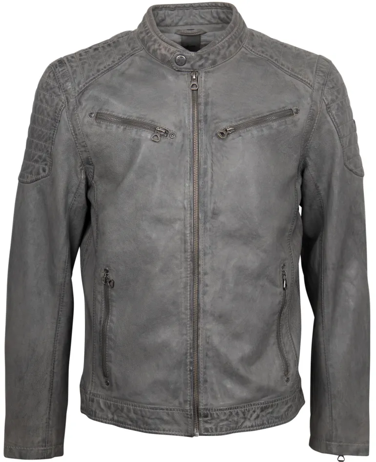 Lederjacke mit Stehkragen grau