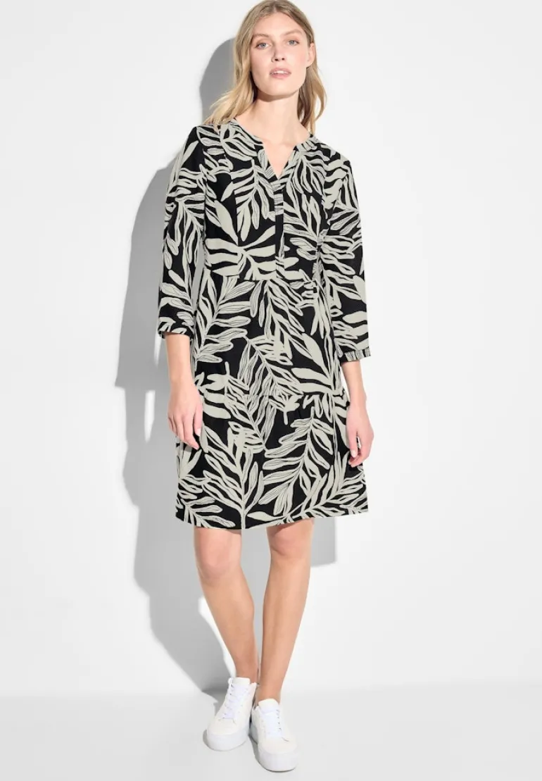 Leinenmix Print Kleid black