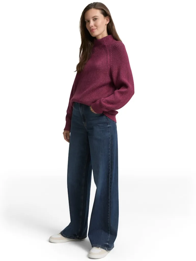 Loose Fit Strickpullover mit Stehkragen red rib structure