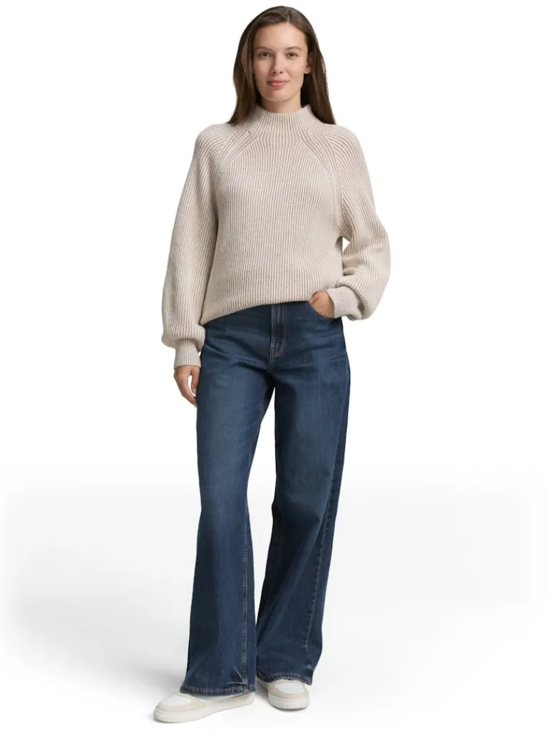 Loose Fit Strickpullover mit Stehkragen soft taupe rib structure