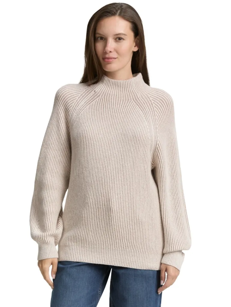 Loose Fit Strickpullover mit Stehkragen soft taupe rib structure
