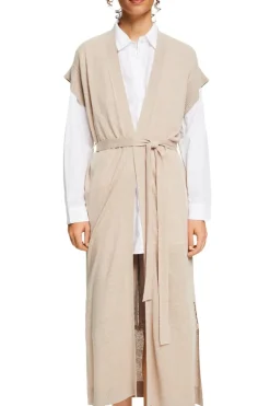 Mit Leinen: lange Weste mit Bindegürtel light taupe