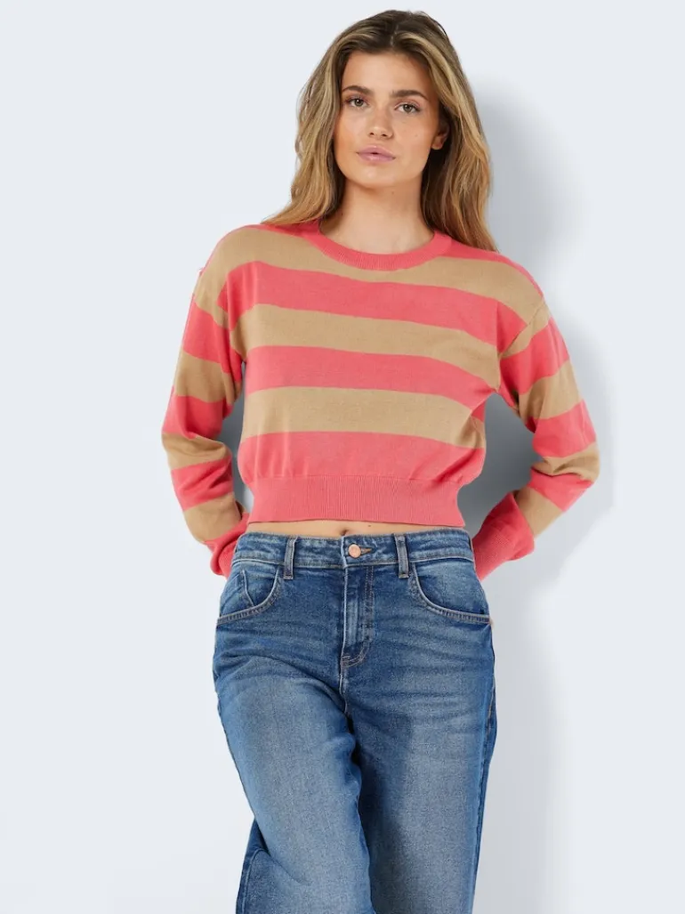 NMZOE L/S O-NECK CROP KNIT NOOS sun kissed coral