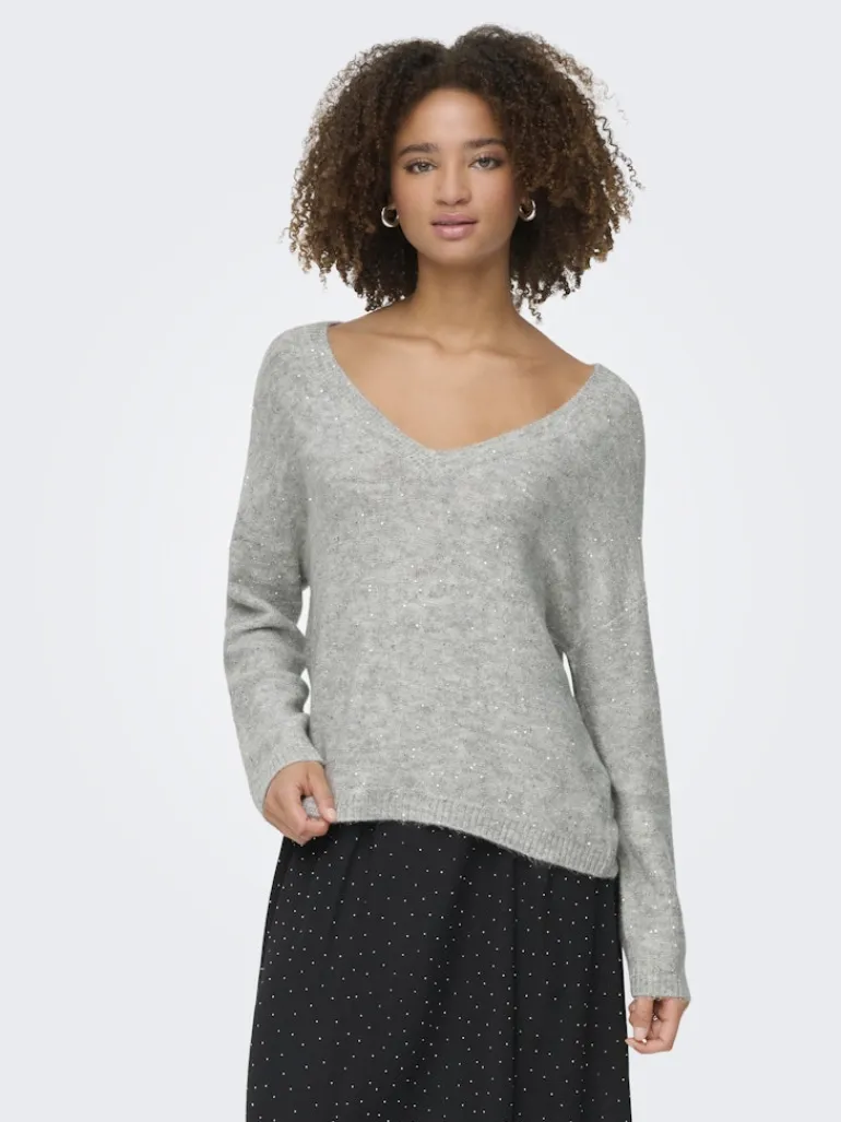 ONLARIZONA LS SEQUINS V-NECK PUL KNT light grey melange
