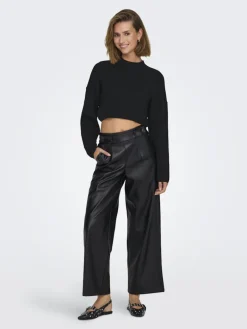 ONLBINA FAUX LEATHER WIDE PANT BF OTW black