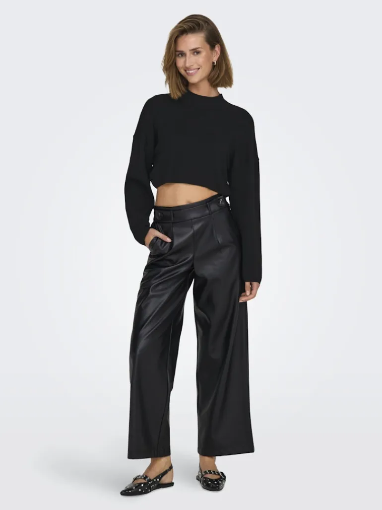 ONLBINA FAUX LEATHER WIDE PANT BF OTW black