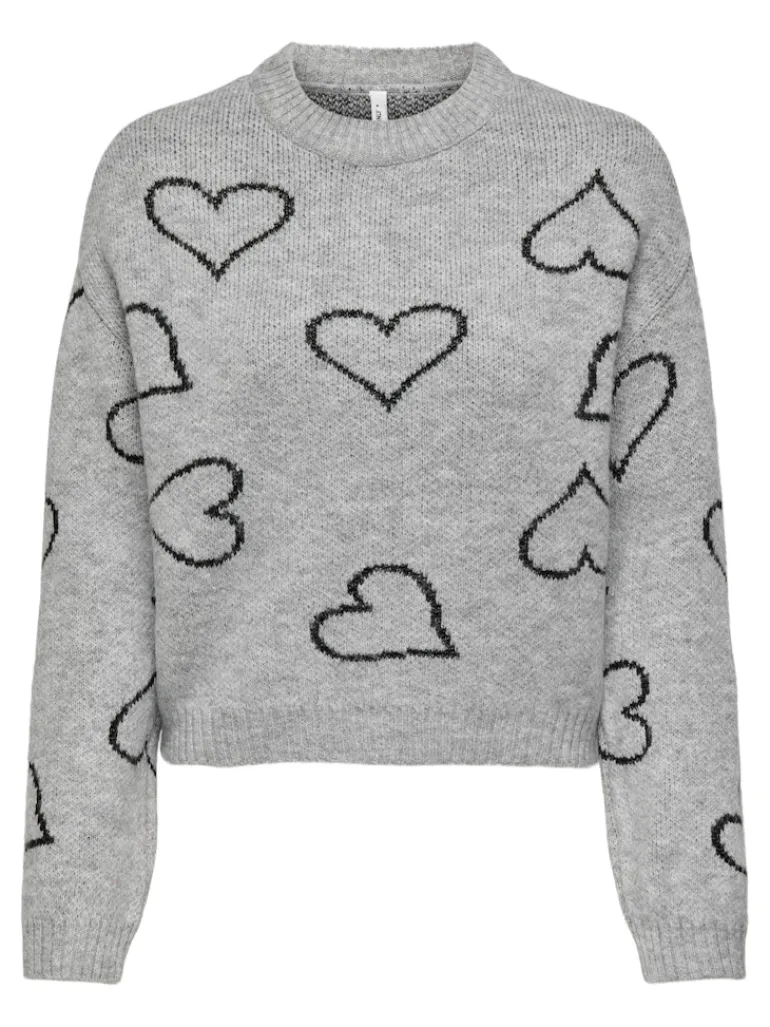 ONLHAPPIE LS HEART O-NECK KNT light grey melange