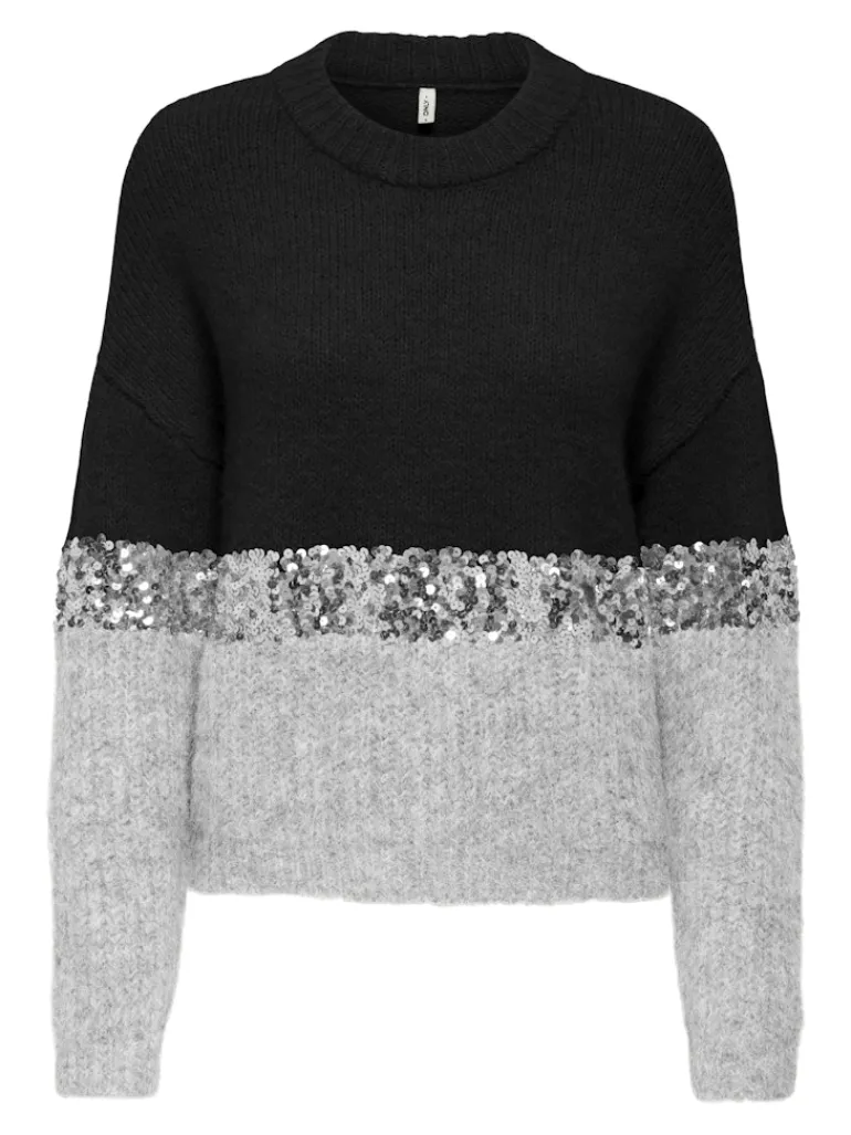 ONLMAINE LIFE LS SEQUIN BLOCK O-NECK KNT black