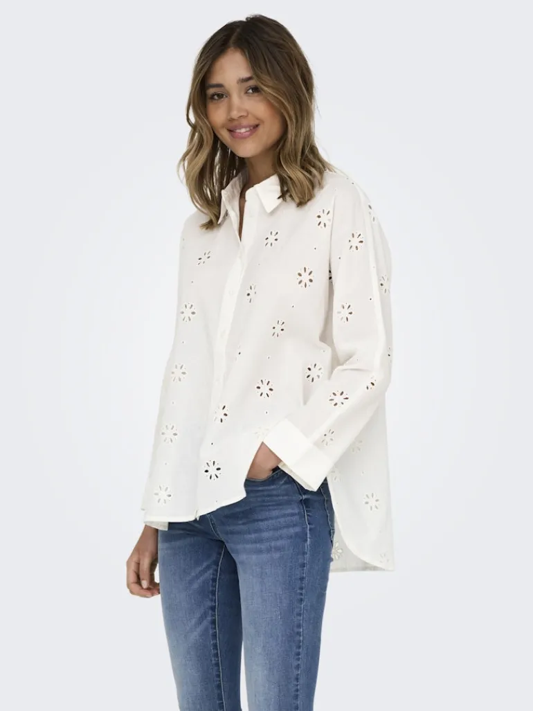 ONLNEW LINA GRACE LS BROD ANGL SHIRT WVN cloud dancer