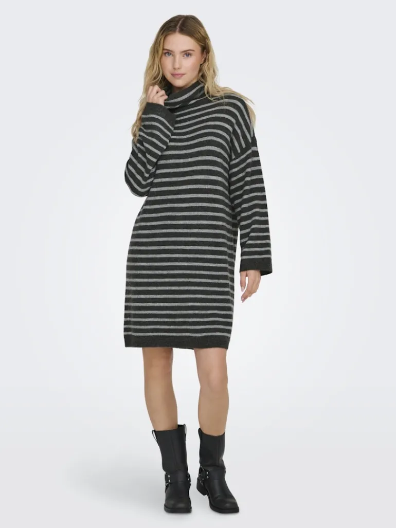 ONLTALIO LS STRIPE ROLLNECK DRESS BF KNT dark grey melange