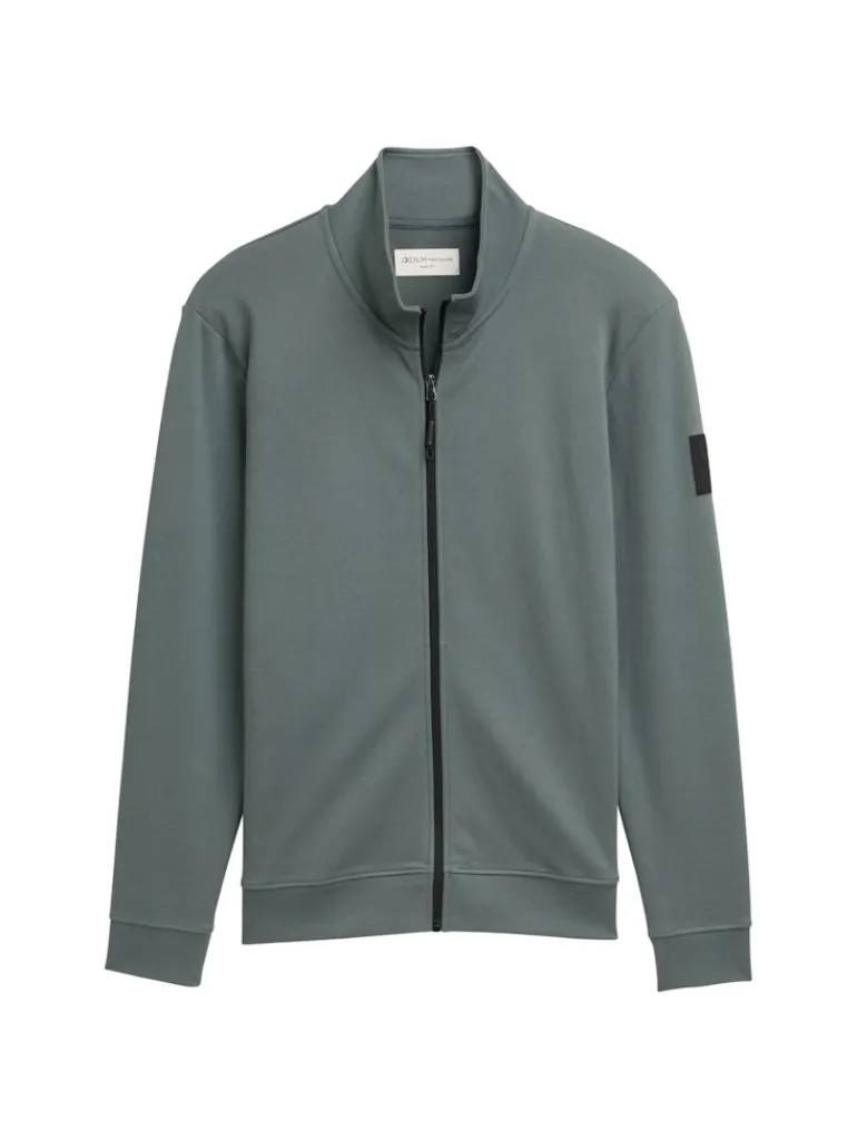 Piqué Sweatjacke mit Stehkragen washed jasper green