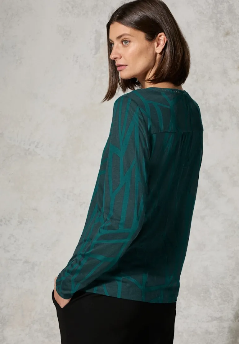 Print-Shirt mit Ziersteinen petrol green