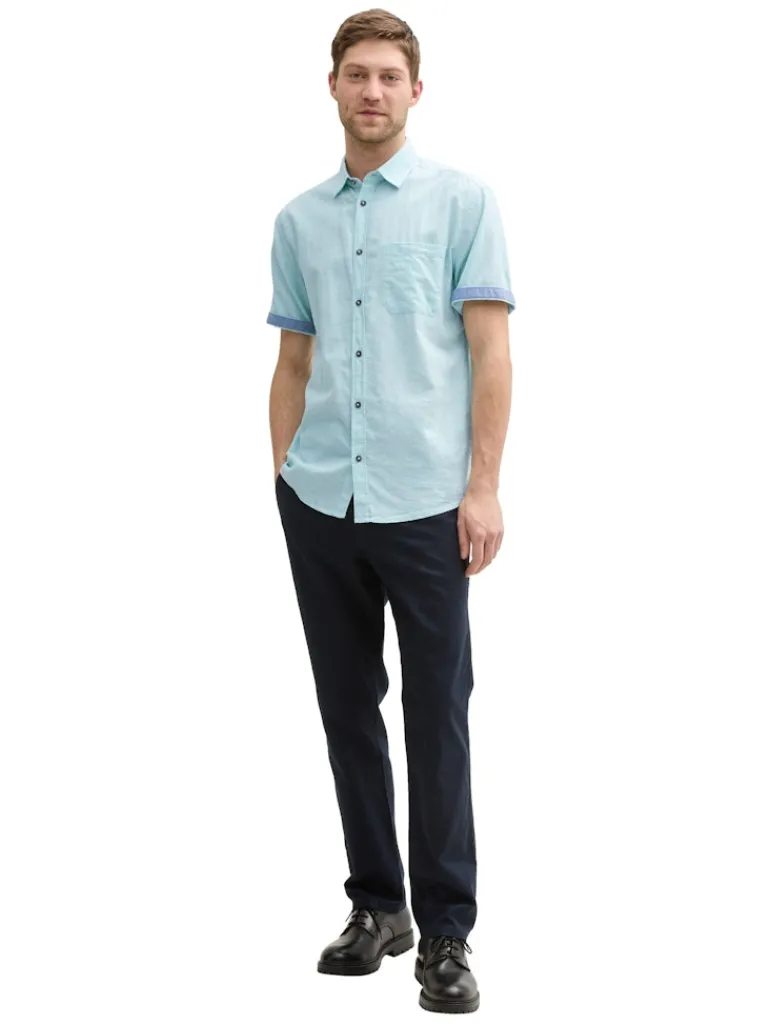 Regular Fit Kurzarmhemd mit Leinenanteil pastel turquoise chambray